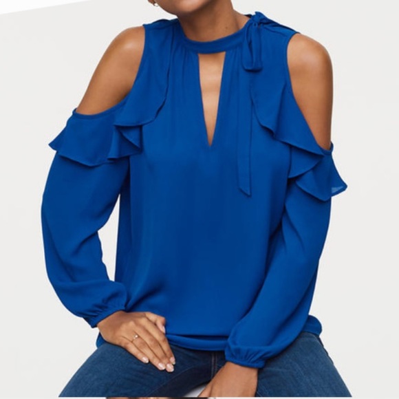 LOFT Tops - NWT LOFT Blue Cold Shoulder Ruffle Blouse